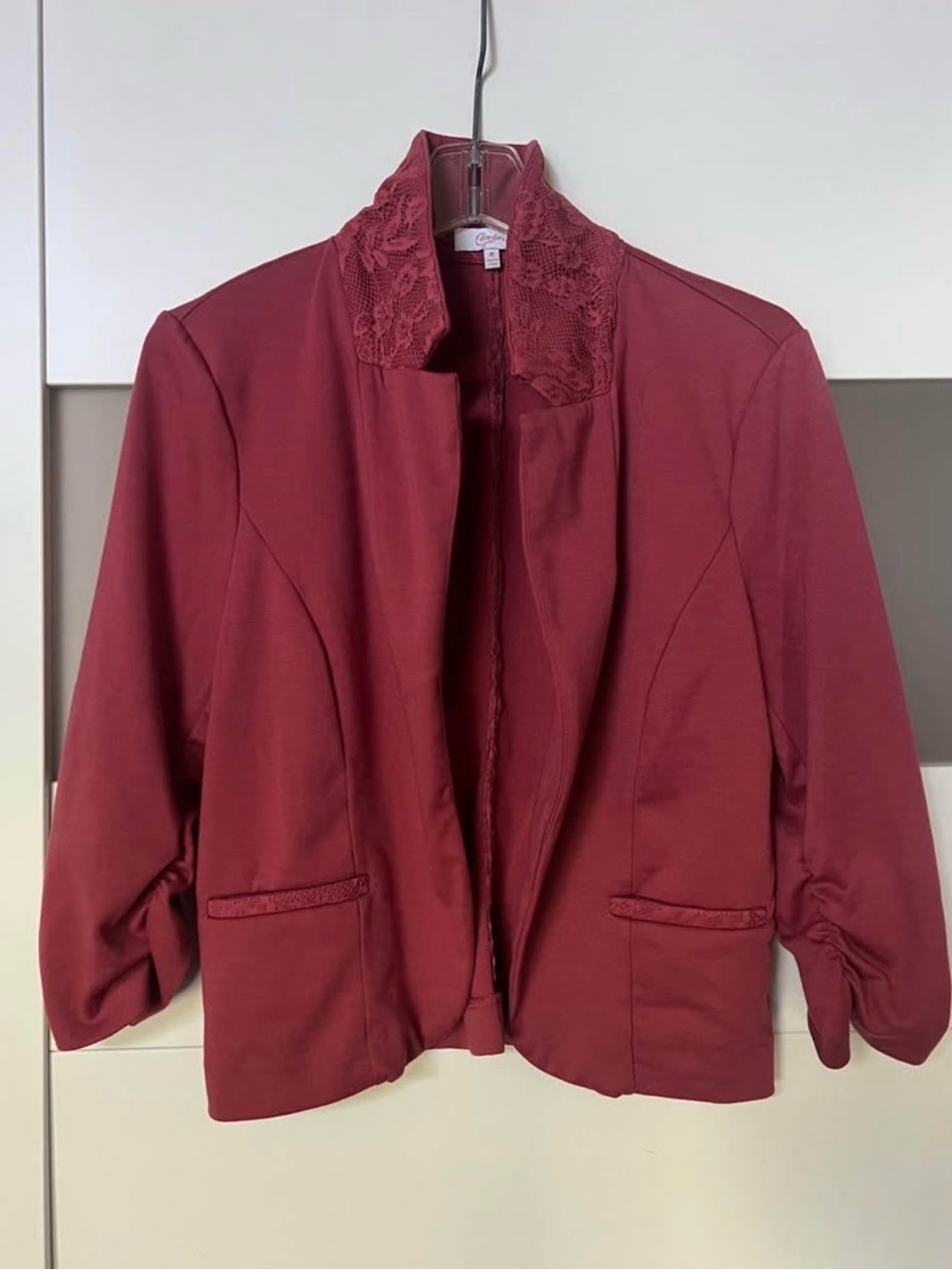 Candie's Burgundy Lace-Collar Open Blazer